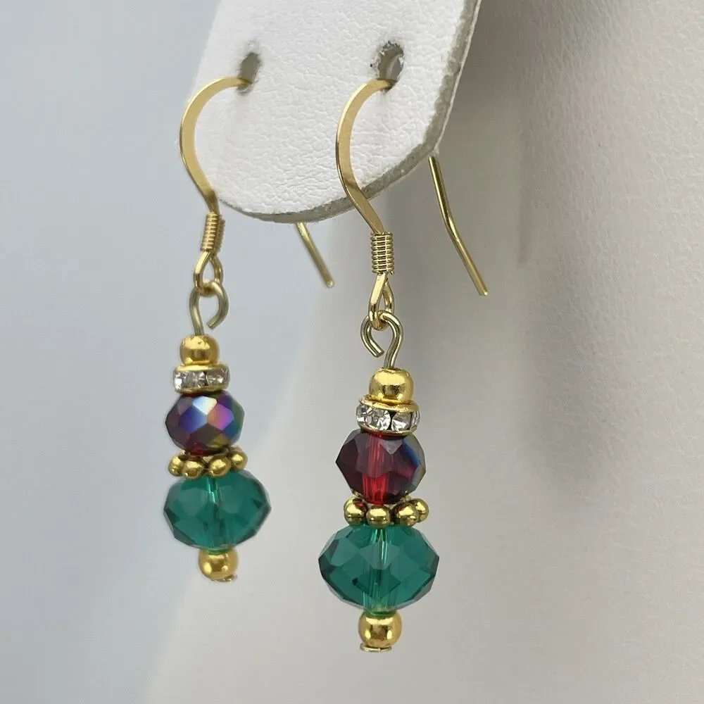 18K Gold Plated Teal Green Red AB Glass Beaded Dangle Earrings Dainty Unique